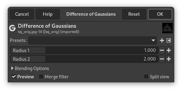 Options du filtre Différence Gaussienne