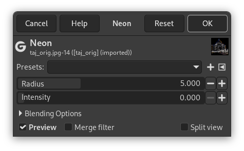 Options du filtre Néon