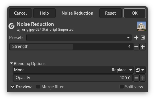 Options du filtre Réduction du bruit