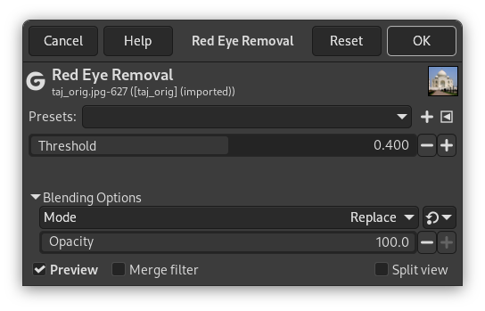 Options du filtre « Suppression des yeux rouges »