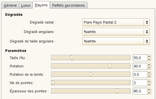 Options de l’« Éditeur d’éblouissement graduel » (Rayons)