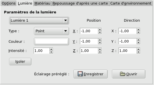 Options du filtre « Effet d’éclairage » (Lumière)