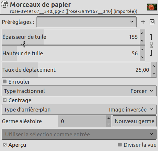 Options du filtre « Morceaux de papier »