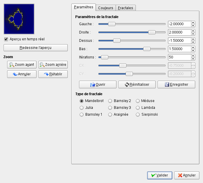 Options du filtre « Fractaliser » (Paramètres)