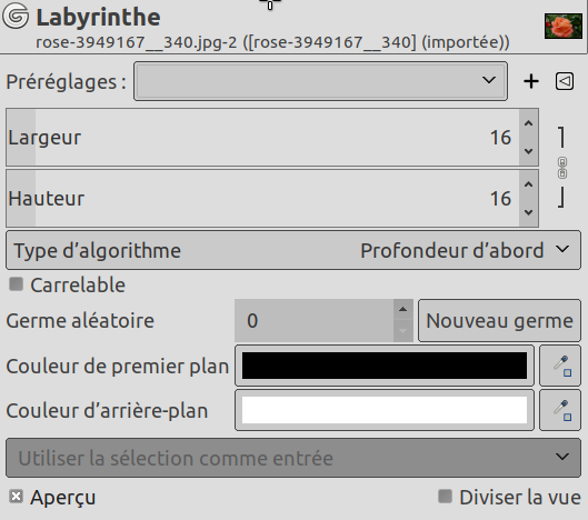 Options du filtre « Labyrinthe »