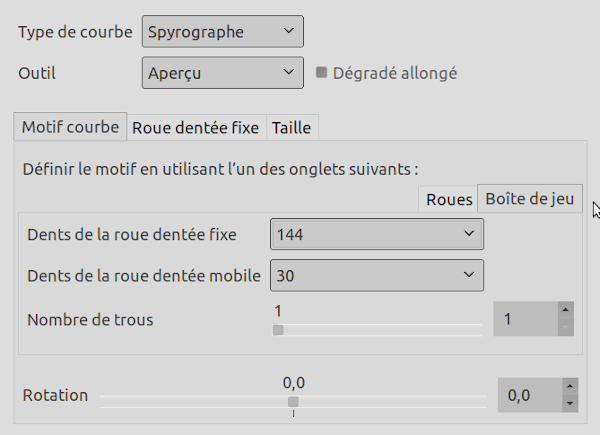 Options du filtre « Spyrogimp »(Motif de courbe)