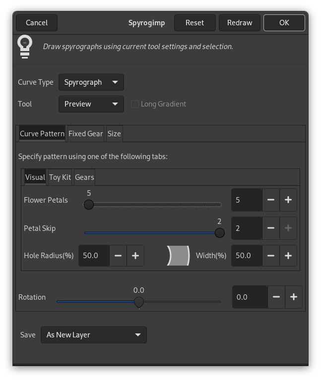 Options du filtre « Spyrogimp »(Motif de courbe)