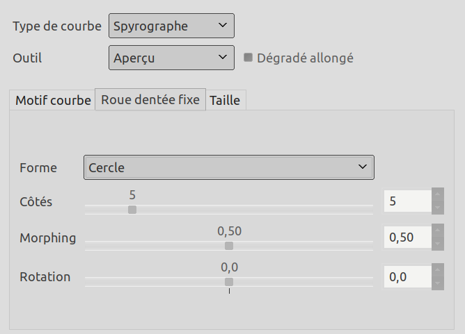 Options du filtre « Spyrogimp » (Roue dentée fixe)