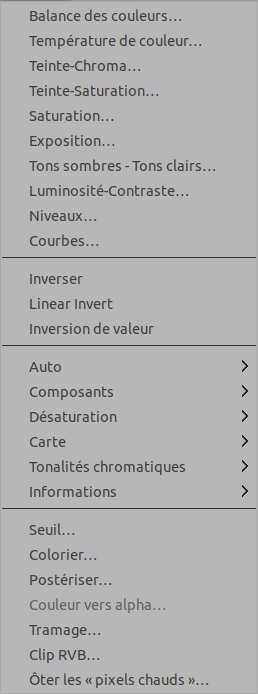 Le contenu du menu « Couleurs »