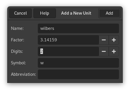 La fenêtre de dialogue « Nouvelle unité de mesure »