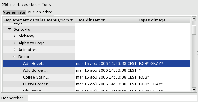 Vue en arbre de la fenêtre « Navigateur de greffons »