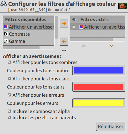 La fenêtre « Configurer les filtres d’affichage couleur »