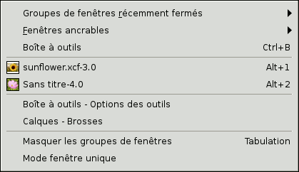 Contenu du menu « Fenêtres »