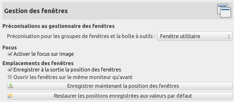 Préférences pour la gestion des fenêtres