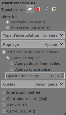 Options de l’outil Transformation 3D