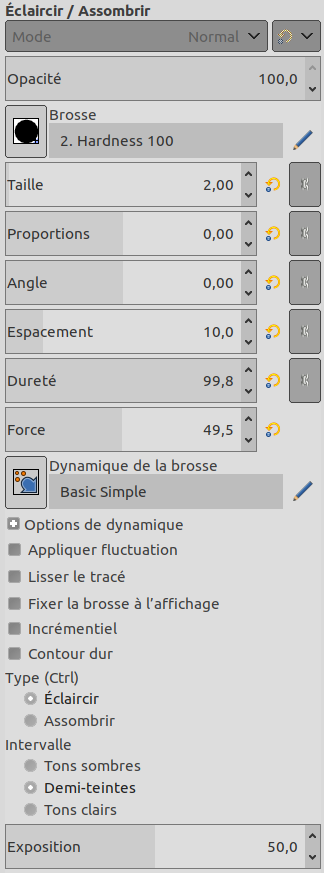 Options de l’outil « Éclaircir/Assombrir »