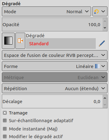 La boite de dialogue de l’outil de dégradé