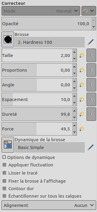 Options de l’outil Correcteur