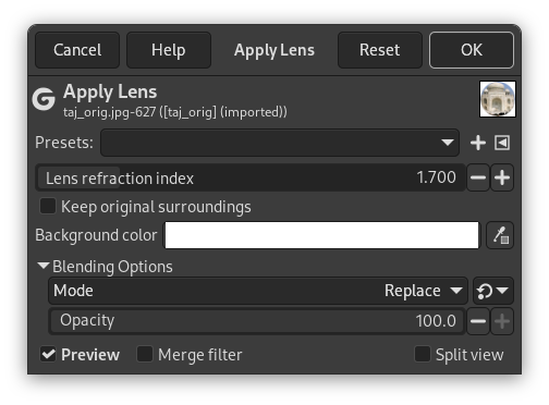 „Apply Lens” filter options