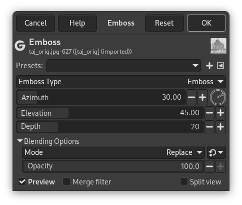 „Emboss” filter options