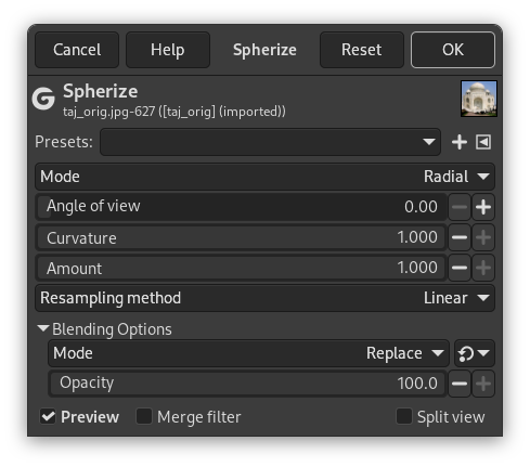 „Spherize” filter options