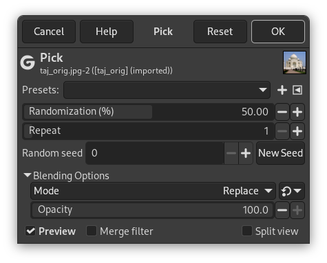 „Pick” filter options