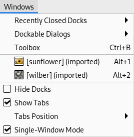 Contents of the „Windows” Menu