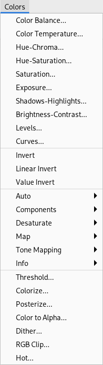 Il contenuto del menu «Colori»