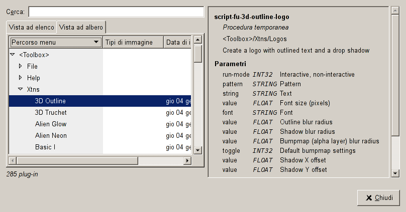 Le tre viste della finestra di dialogo del «Navigatore di plug-in»