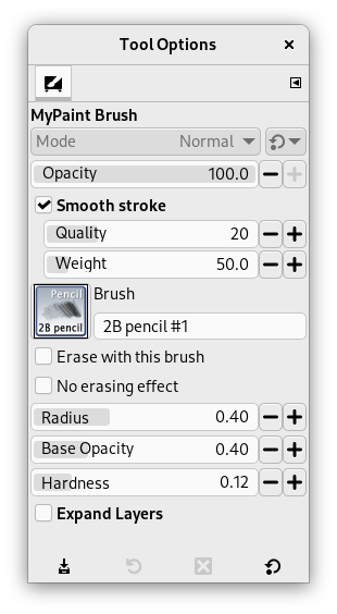 Opzioni dello strumento pennello MyPaint