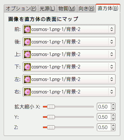 「オブジェクトにマップ」のオプション (直方体)