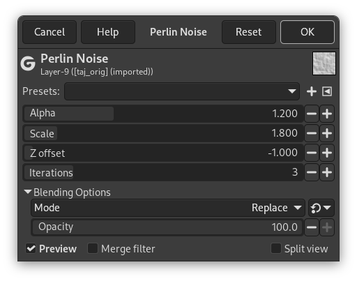 「Perlin Noise」 filter options