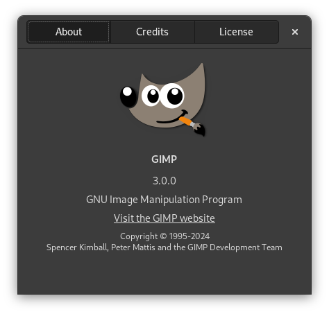 「GIMP について」ダイアログのウィンドウ