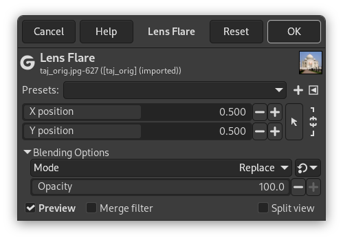 „Lens Flare“ filter options