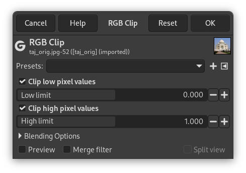 RGB Clip filter dialog