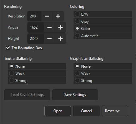 Dialogvindauget for Postscript-import