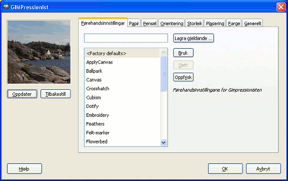 Innstillingane for GIMPressionist