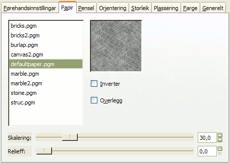 Innstillingane for «Papir» i filteret «GIMPressionist»