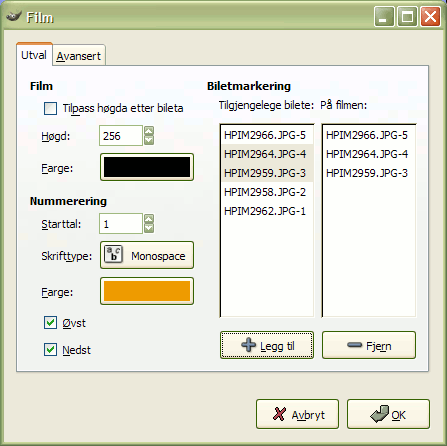 Innstillingane for filteret «Filmstripe» (utval)