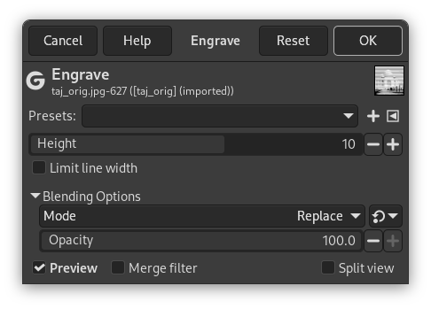 Innstillingane for filteret «gravyr»