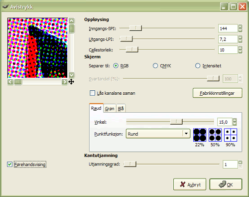 Innstillingane for filteret «Avistrykk»