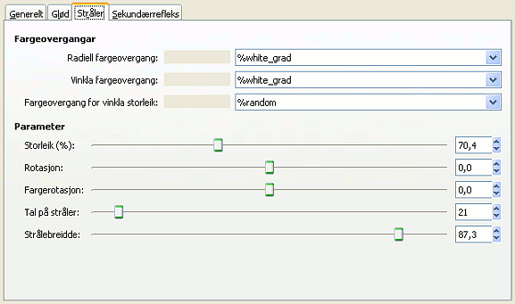 Innstillingane for «Stråler» i «Gradientreflekshandsamaren»