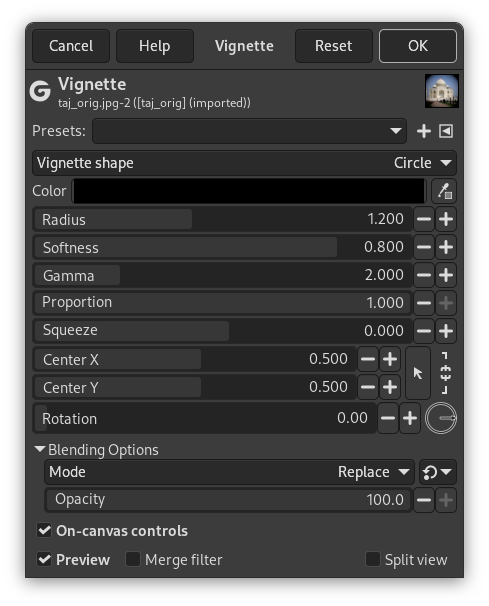 Innstillingane for filteret «Vignettering»