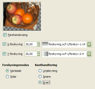 Innstillingane for filteret «forskyv» (kartesiansk)