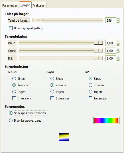 Innstillingane for filteret «Fraktalutforskaren» (Fargar)