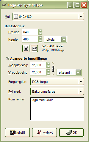 Dialogvindauget «Lag eit nytt bilete»