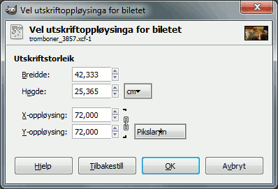 Dialogvindauget for å setja utskriftstorleiken