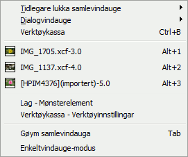 Innhaldet i menyen «Vindauge»