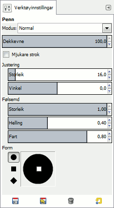 Innstillingane for «pennen (blekkverktøyet)»