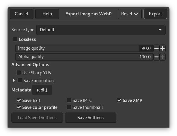 The WebP Export dialog